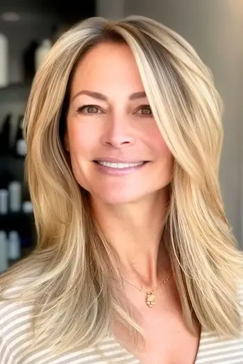 Corte de pelo de capas de longitud media para una mujer de unos 50 años con cabello fino.