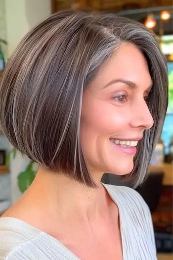 Peinado Bob de sal y pimienta para una mujer de unos 50 años con cabello fino.