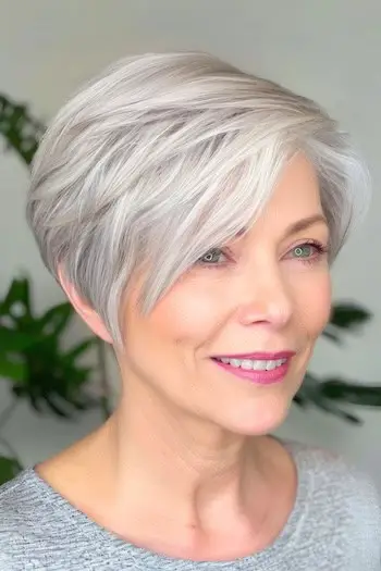 Peinado Silver Pixie Bob para una mujer de unos 50 años con cabello fino.