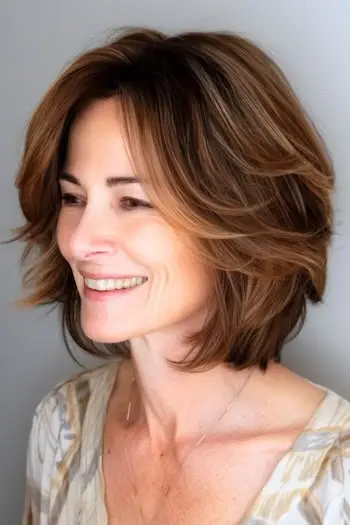 Peinado Bob largo en capas resaltado en una mujer de unos 50 años con cabello fino.