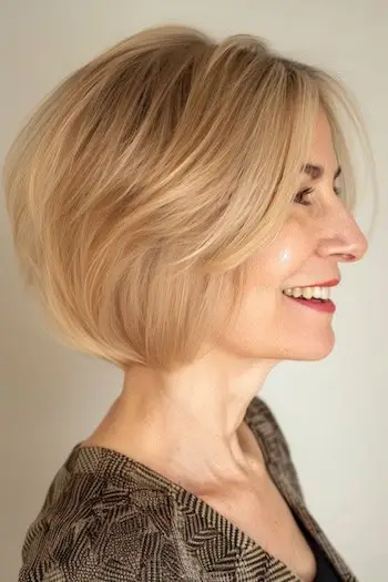 Bob en capas para peinado de cabello fino para una mujer de unos 50 años con cabello fino.