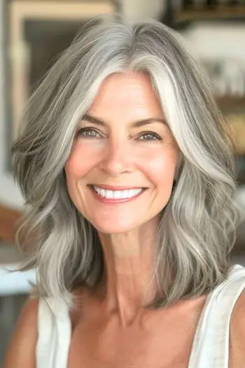 Peinado de ondas hasta los hombros en una mujer de unos 50 años con cabello fino.