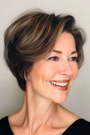 Peinado Pixie Bob para una mujer de unos 50 años con cabello fino.