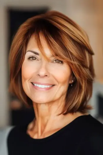 Bob largo con peinado de flequillo lateral en una mujer de unos 50 años con cabello fino.