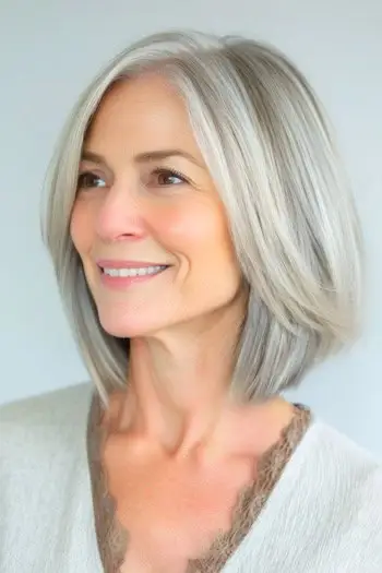 Elegante peinado Silver Lob en una mujer de unos 50 años con cabello fino.