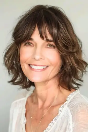 Capas texturizadas con peinado de flequillo en una mujer de unos 50 años con cabello fino.