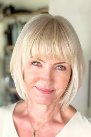 Bob hasta la barbilla con peinado de flequillo completo en una mujer de unos 50 años con cabello fino.