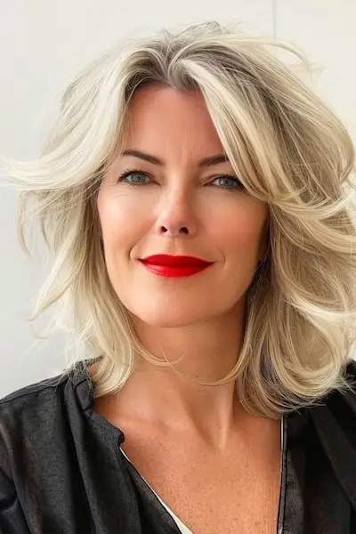 Vrstvený účes Bob s ofinou pro ženy nad 50 let.