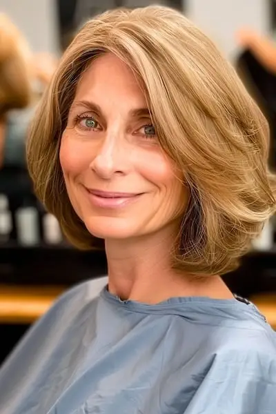 Účes opeřeného Boba pro ženy nad 50 let.