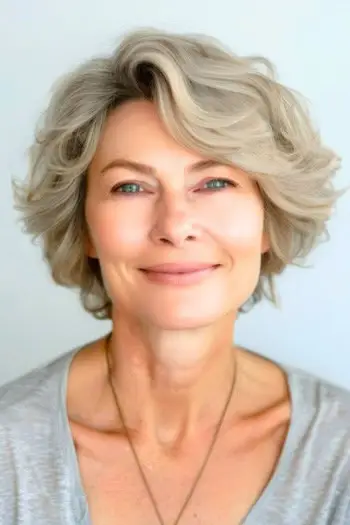 50세 이상 여성을 위한 물결 모양의 픽시 밥 헤어스타일.