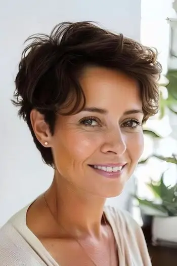 50세 이상의 여성을 위한 헝클어진 물결 모양의 픽시 헤어스타일.