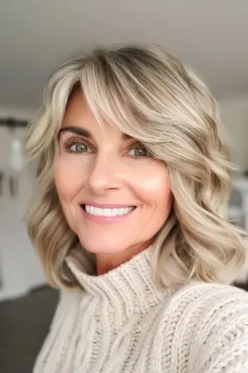 50세 이상의 여성을 위한 레이어드 어깨 길이 웨이브 헤어스타일.