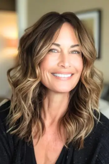 50세 이상 여성을 위한 중간 길이의 강조된 웨이브 헤어스타일.