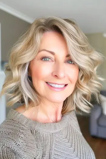 50세 이상 여성을 위한 청키 레이어드 웨이브 헤어스타일.