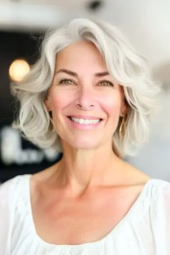 50세 이상 여성을 위한 부드러운 웨이브 레이어 헤어스타일.