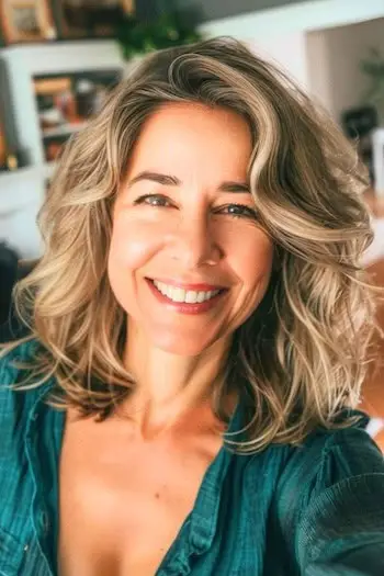 50세 이상 여성을 위한 어깨 길이의 질감 있는 웨이브 헤어스타일.