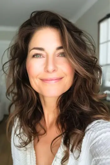 50세 이상 여성을 위한 깊은 옆 부분의 중간 길이 웨이브 헤어스타일입니다.