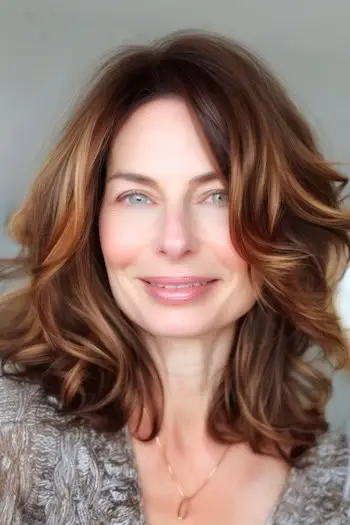 50세 이상 여성을 위한 물결 모양의 어깨 길이 로브 헤어스타일.