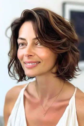 50세 이상의 여성을 위한 측면 스윕 앞머리가 있는 질감 있는 레이어드 물결 모양 밥 헤어스타일.