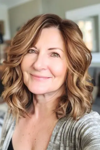 50세 이상의 여성을 위한 측면 부분 헤어스타일의 어깨 길이 웨이브.