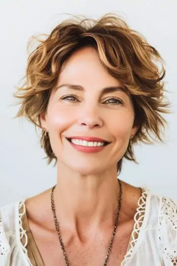 50세 이상 여성을 위한 조각 같은 웨이브 픽시 헤어스타일.