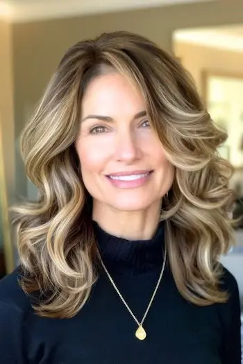 50세 이상 여성을 위한 청키한 하이라이트가 있는 중간 길이의 웨이브 헤어스타일입니다.