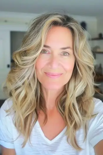 50세 이상 여성을 위한 깃털 강조 웨이브 헤어스타일.