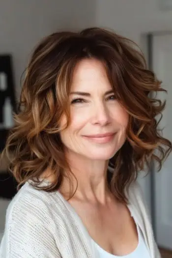 50세 이상의 여성을 위한 물결 모양의 어깨 길이 레이어 헤어스타일.