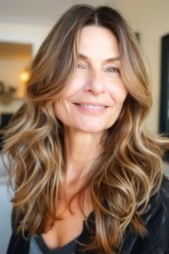 50세 이상의 여성을 위한 긴 발라야쥬 웨이브 헤어스타일.