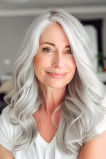 50세 이상의 여성을 위한 길고 부드러운 은색 웨이브 헤어스타일.