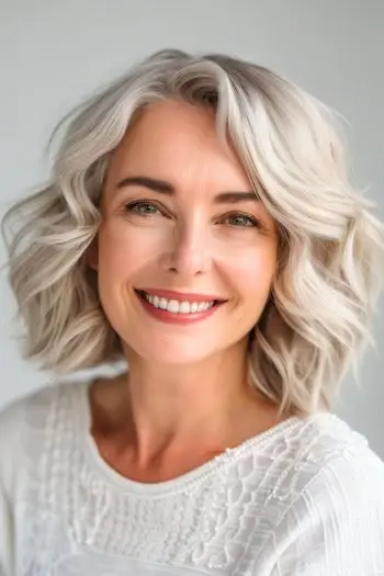 50세 이상 여성을 위한 두꺼운 머리 헤어스타일을 위한 질감 있는 웨이브 로브.