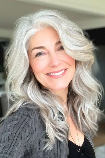 50세 이상의 여성을 위한 긴 은색 웨이브 헤어스타일.