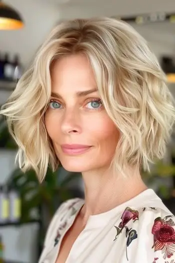 50세 이상 여성을 위한 짧은 금발 웨이브 헤어스타일.