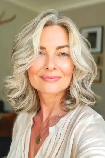 50세 이상 여성을 위한 중간 길이의 느슨한 웨이브 헤어스타일.