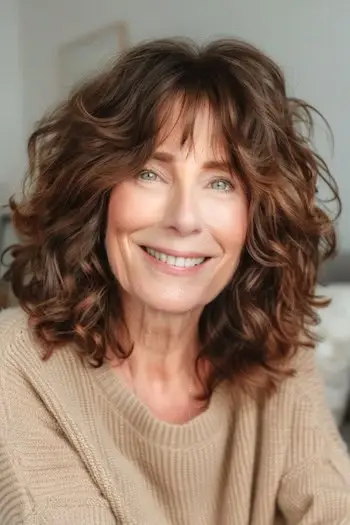 Kučeravé strapaté vrstvy s ofinou a stredne dlhý účes.