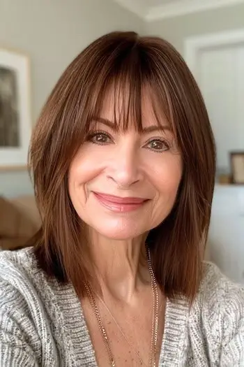 Stredne dlhý účes s dlhým Bobom a hustou ofinou.