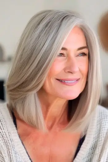 Rovný lalok so stredne dlhým účesom na boku.