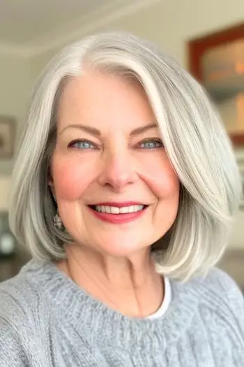 Strieborný Bob so stredne dlhým účesom na boku.