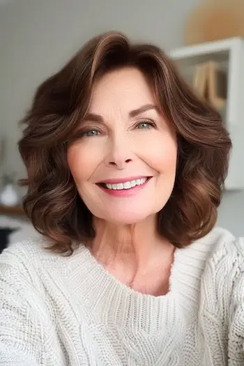 Stredne dlhý účes s voľnými vlnami po ramená.