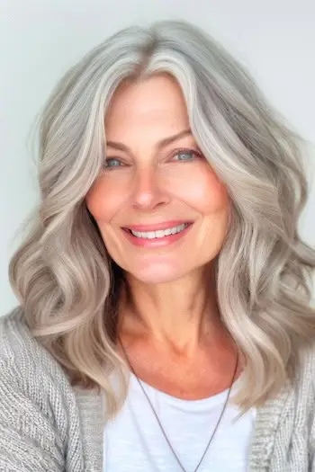 Stredne dlhý účes so striebornými vlnami na krásnej usmievavej žene nad 70 rokov.