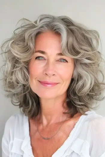 Stredne dlhý účes s rozstrapatenými kučeravými vrstvami.