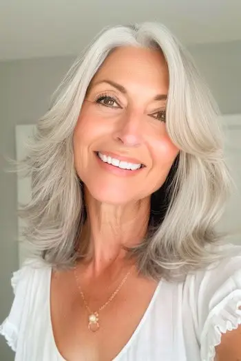 Vrstvený lalok so stredne dlhými vlasmi s prevrátenými koncami.