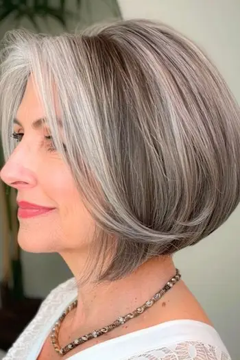 가는 머리를 가진 60세 이상 여성을 위한 소금과 후추 밥 짧은 헤어스타일.