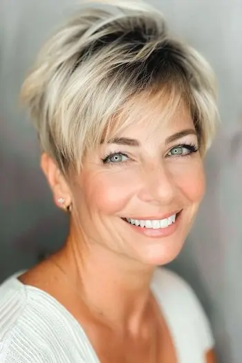 가는 머리를 가진 60세 이상 여성을 위한 볼륨감 있는 픽시 짧은 헤어스타일.