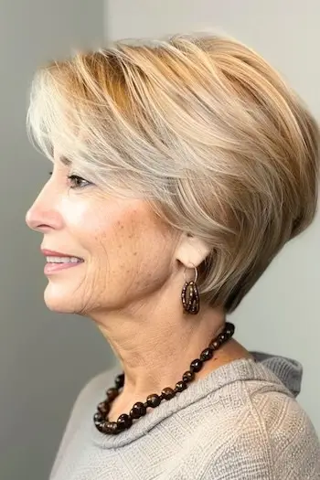 가는 머리를 가진 60세 이상 여성을 위한 웨지 컷 짧은 헤어스타일.