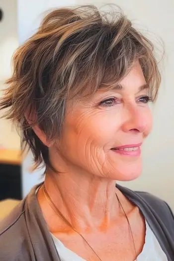 가는 머리를 가진 60세 이상 여성을 위한 짧은 섀기컷 짧은 헤어스타일.