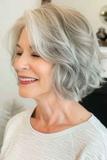 가는 머리를 가진 60세 이상의 여성을 위한 물결 모양의 밥 짧은 헤어스타일.