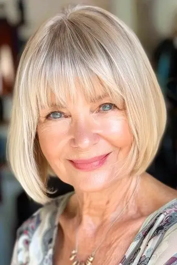 가는 머리를 가진 60세 이상 여성을 위한 희미한 앞머리가 있는 직선 밥 짧은 헤어스타일.