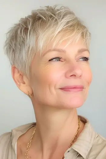 가는 머리를 가진 60세 이상의 여성을 위한 브러시드 포워드 픽시 짧은 헤어스타일.