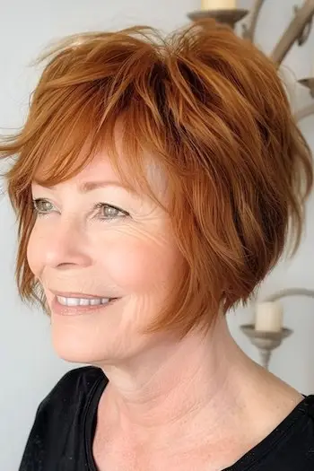 가는 머리를 가진 60세 이상 여성을 위한 짧은 레이어드 샤기컷 짧은 헤어스타일.